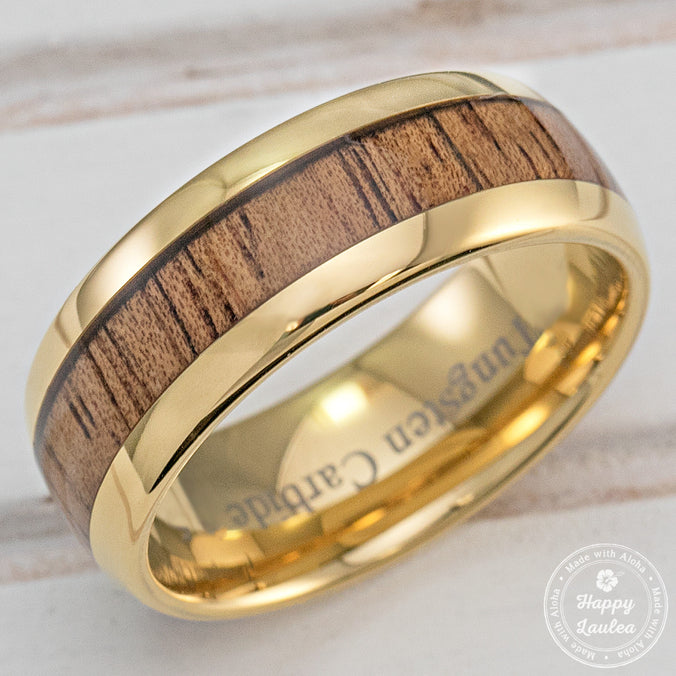 Pair of Tungsten Carbide Gold Plated Rings with Koa Wood Inlay - 6&8mm, Dome Shape, Comfort Fitment