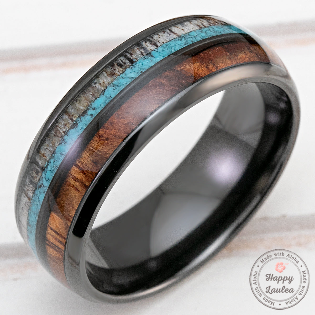 Black Zirconium 8mm Ring with Antler, Turquoise & Hawaiian Koa Wood Tri-Inlay - Dome Shape, Comfort Fitment