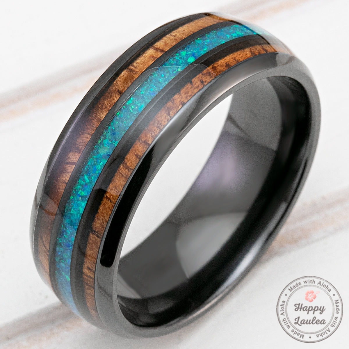 Pair of 6&8mm Zirconium Rings with Azure Blue Opal and Hawaiian Koa Wood Tri-Inlay - Dome Shape, Comfort Fitment