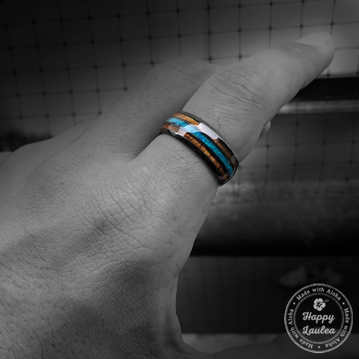 Black Zirconium 8mm Ring with Azure Blue Opal & Hawaiian Koa Wood - Dome Shape, Comfort Fitment