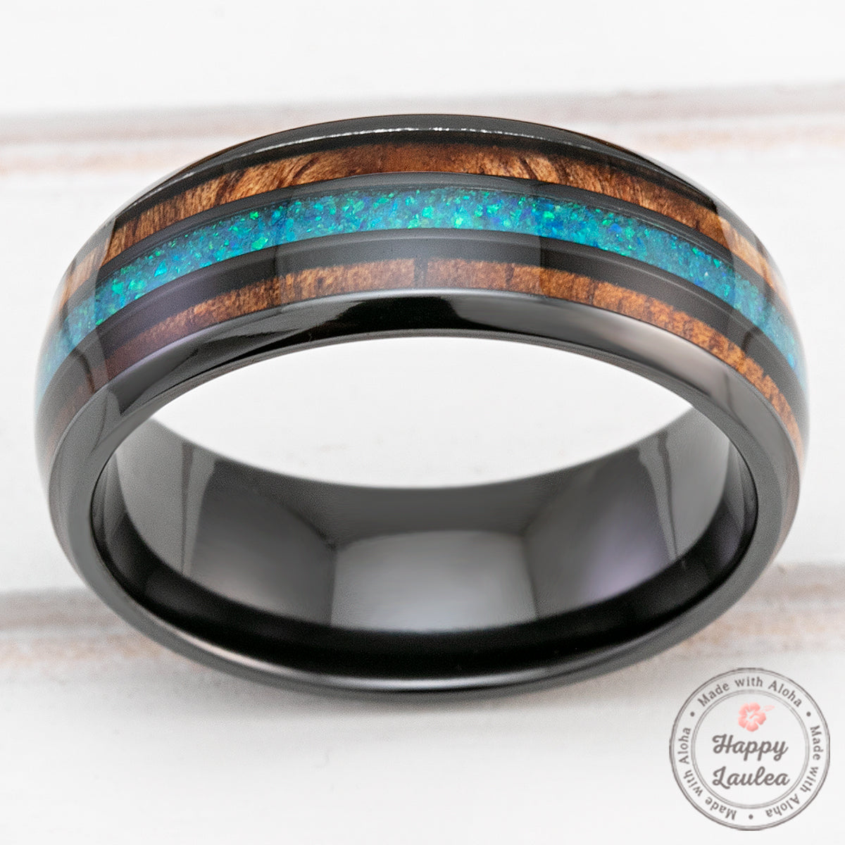 Black Zirconium 8mm Ring with Azure Blue Opal & Hawaiian Koa Wood - Dome Shape, Comfort Fitment