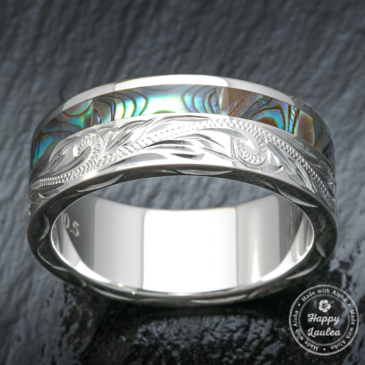 Sterling Silver Hand Engraved Ring with Offset Abalone Shell Inlay - 8mm, Flat Shape, Standard Fitment