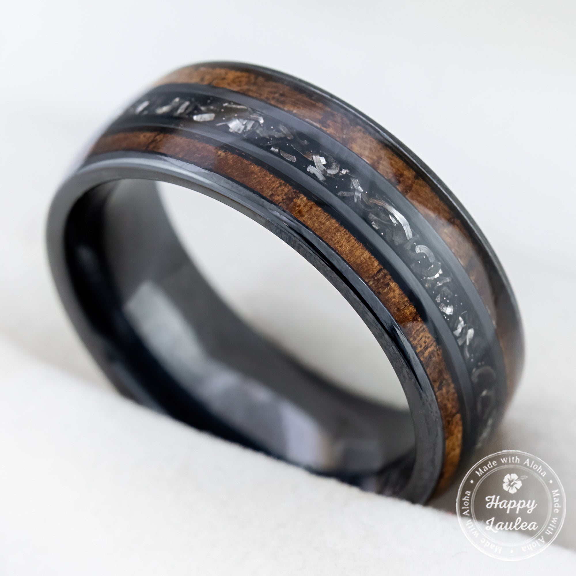 Black Titanium Ring [8mm width] Hawaiian Koa Wood & Meteorite