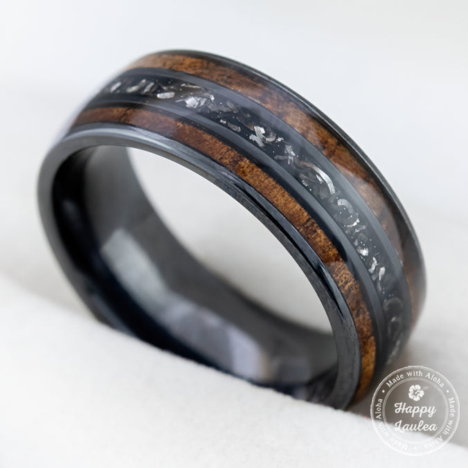 Black Titanium Ring [8mm width] Hawaiian Koa Wood & Meteorite
