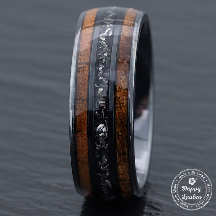 Black Titanium Ring [8mm width] Hawaiian Koa Wood & Meteorite