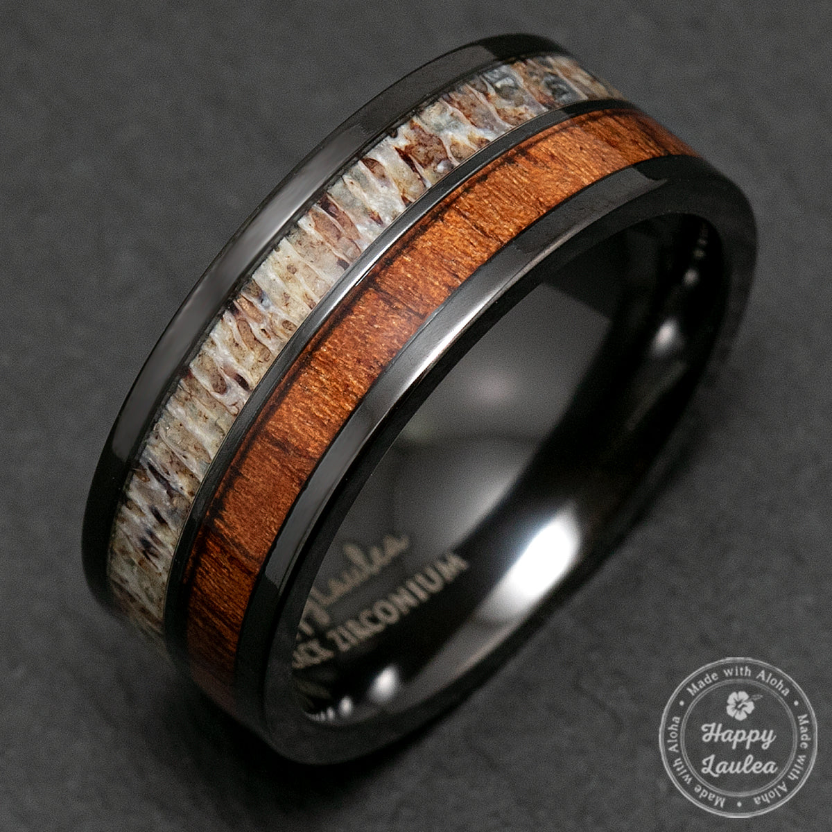 Black Zirconium Ring with Antler & Hawaiian Koa Wood Duo Inlay - 8mm, Flat Shape, Comfort Fitment