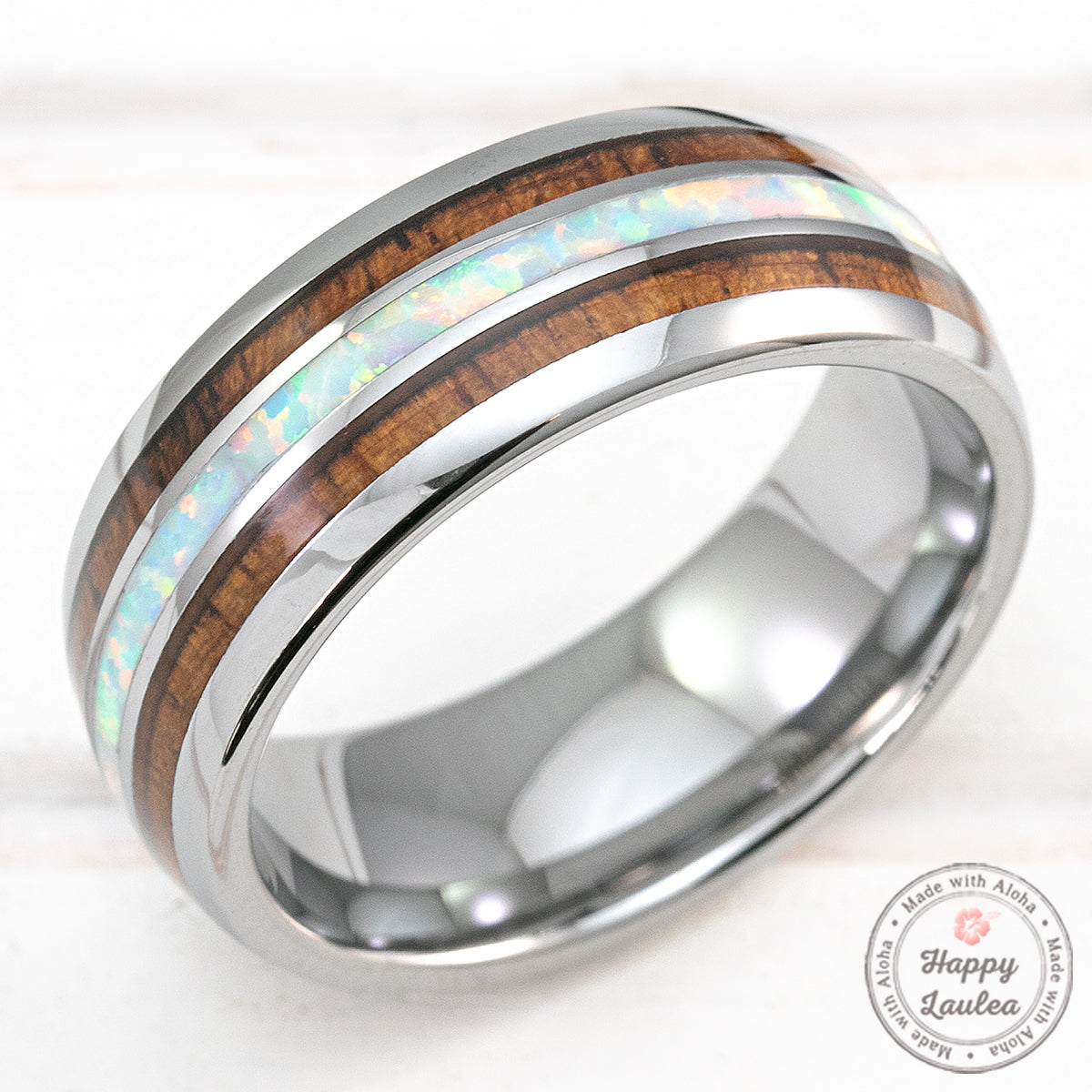 Tungsten Carbide 8mm Ring with Hawaiian Koa Wood & White Opal Tri-Inlay - Dome Shape, Comfort Fitment