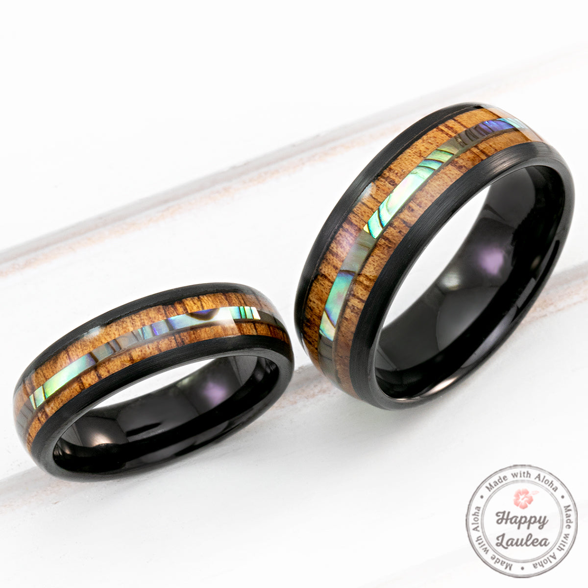 Black Tungsten with Abalone Shell and Hawaiian Koa Wood Inlay - 6-8mm, Dome Shape, Comfort Fitment