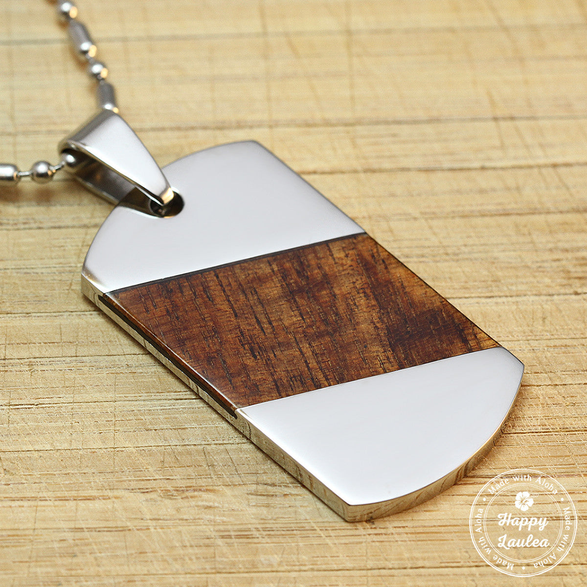 Stainless Steel Dog Tag Pendant with Slanted Koa Wood Inlay - 2.75"L x 1.37"W, Free Stainless Steel Chain