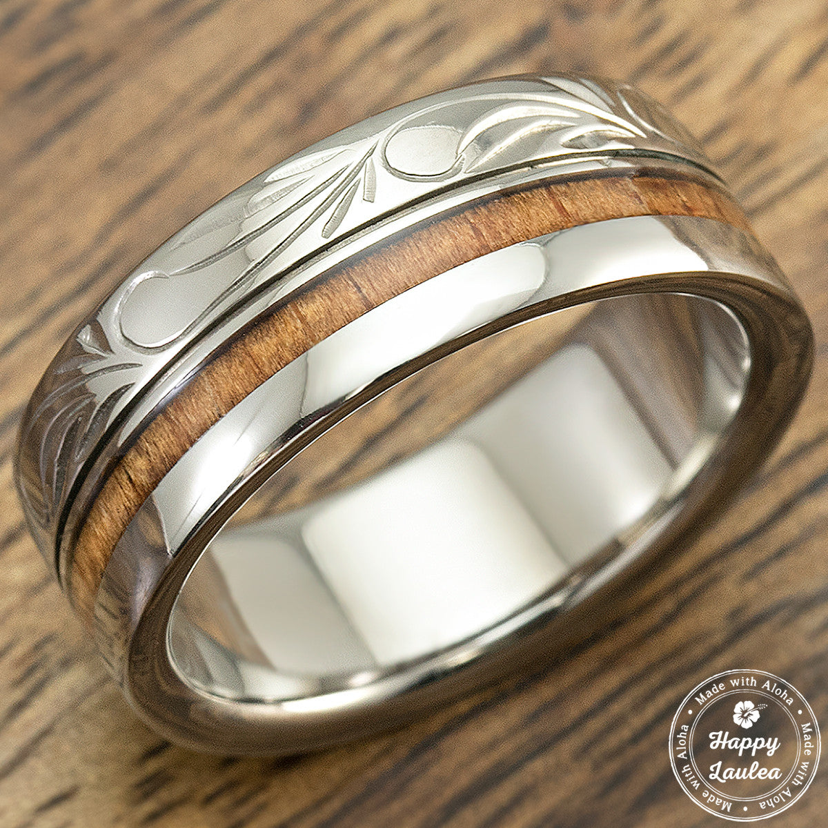 Titanium Ring with Hawaiian Koa Wood Inlay Hand Engraved with Hawaiian Heritage Design - 8mm, Standard Fitment, Flat Shaped