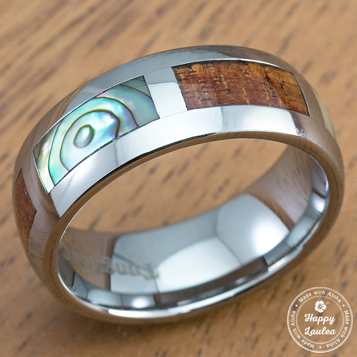 Tungsten Carbide Ring with Abalone Pau'a Shell & Koa Wood Block Inlay - 8mm, Dome Shape, Comfort Fitment
