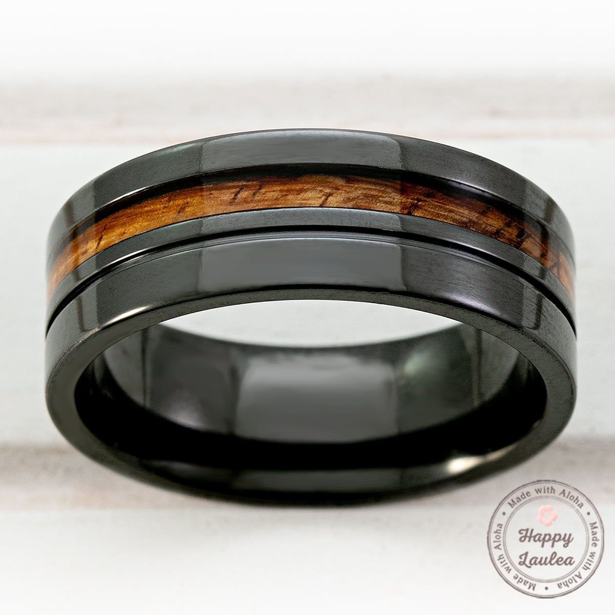 Black Zirconium High Polished Ring with Offset Hawaiian Koa Wood Inlay - 8mm Flat Shape, Comfort Fitment