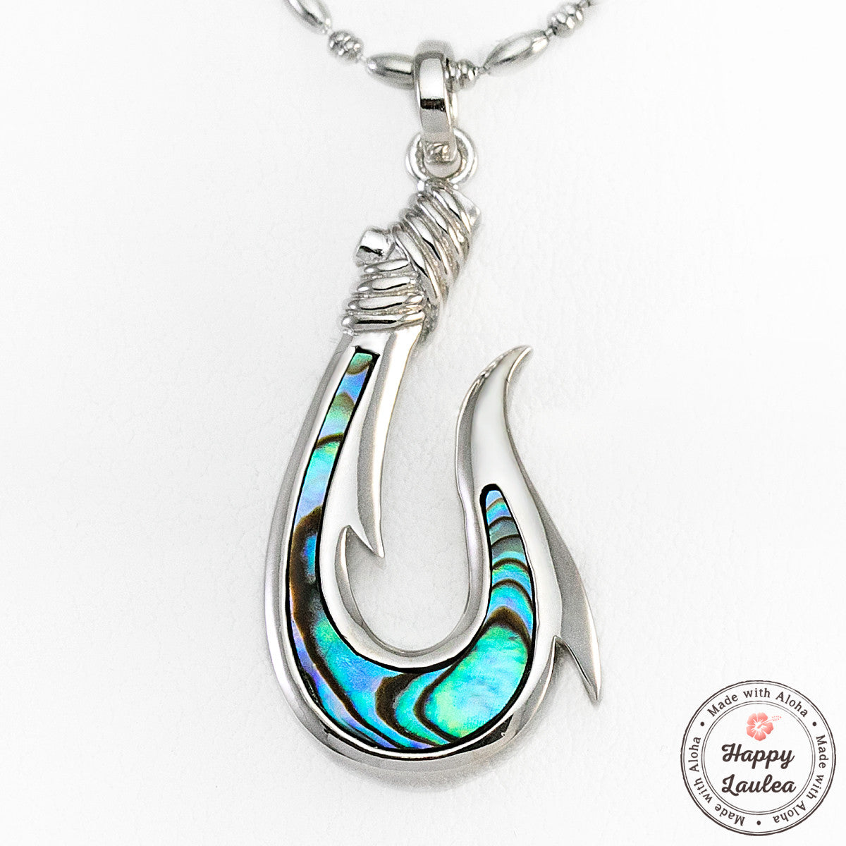 925 Sterling Silver Fish Hook Pendant with Abalone Pau'a Shell Inlay