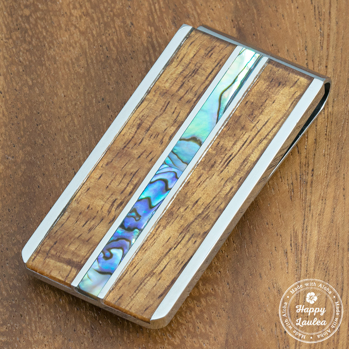 Stainless Steel Money Clip wth Abalone Shell & Koa Wood Tri-Inlay