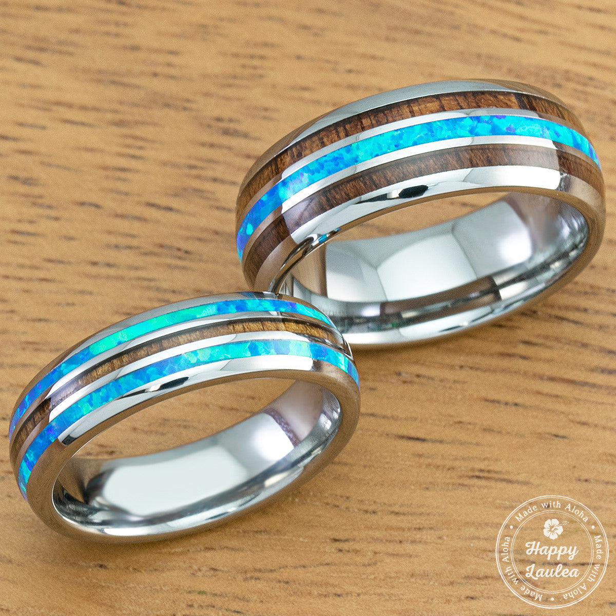 Pair of 6 & 8mm Width Tungsten Wedding Band Ring Set with Blue Opal and Koa Wood (Assorted Designs)