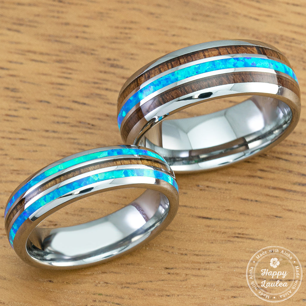 Pair of 8mm Width Tungsten Wedding Band Ring Set with Blue Opal an