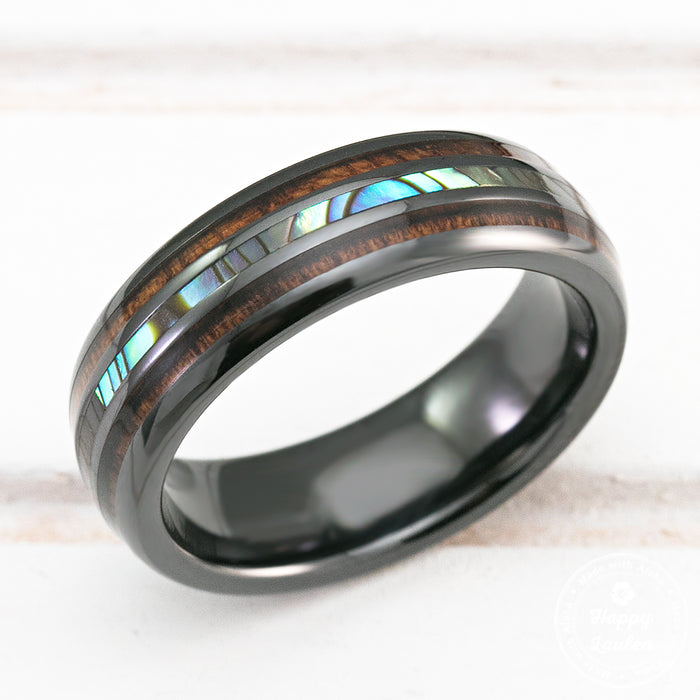 HI-TECH Black Ceramic Ring with Abalone Pau'a Shell and Koa Wood Tri-Inlay - 6mm, Dome Shape, Comfort Fitment