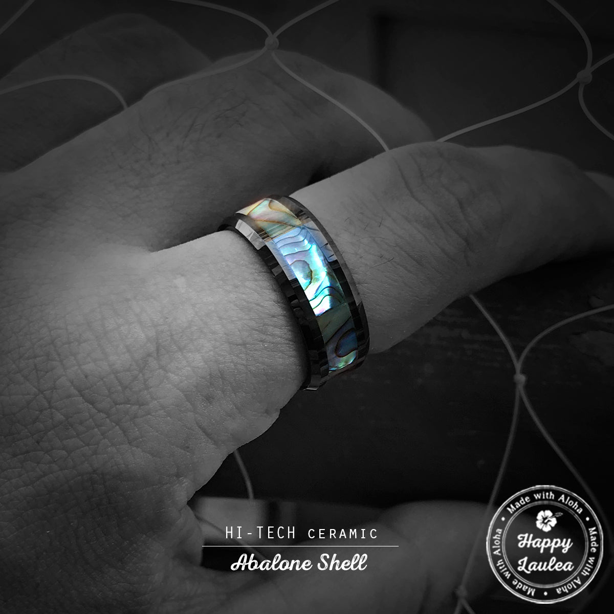 HI-TECH Black Ceramic Beveled Edged Ring with Abalone Pau'a Shell Inlay - 8mm, Flat Shape, Comfort Fitment