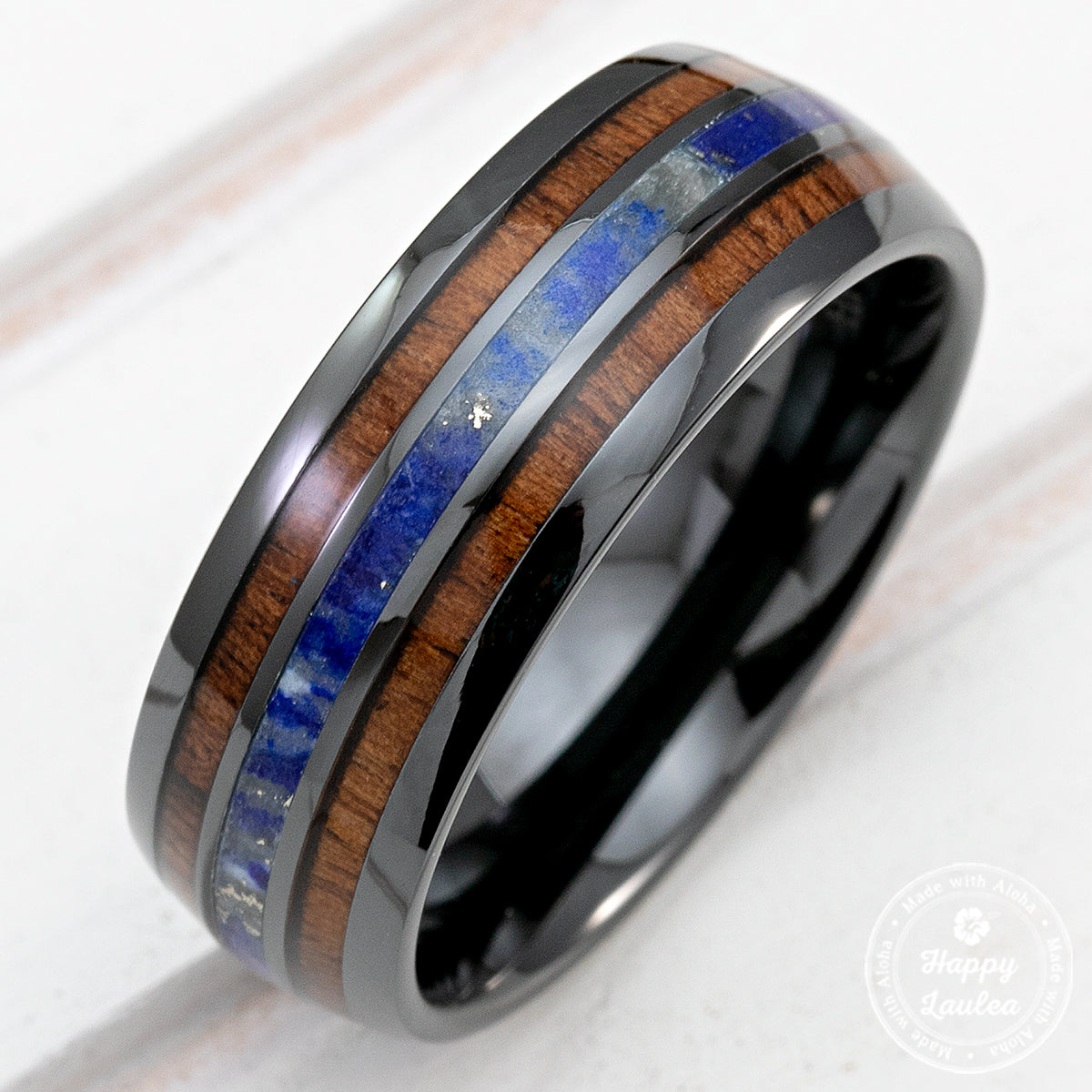 Black Ceramic Ring with Koa Wood & Lapis Tri-Inlay - 8mm, Dome Shape, Comfort Fitment