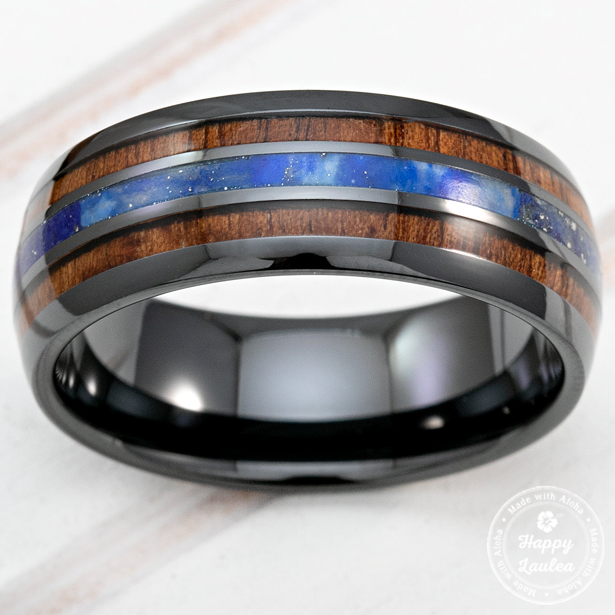 Black Ceramic Ring with Koa Wood & Lapis Tri-Inlay - 8mm, Dome Shape, Comfort Fitment