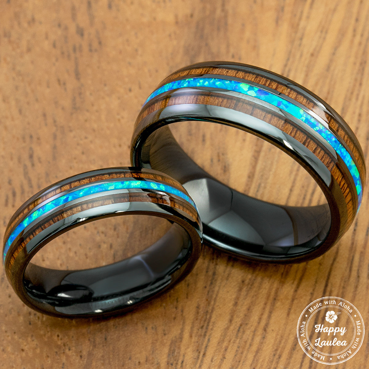 Pair of HI-TECH Black Ceramic Rings with Blue Opal & Koa Wood Tri Inlay - 6&8mm, Dome Shape, Comfort Fitment