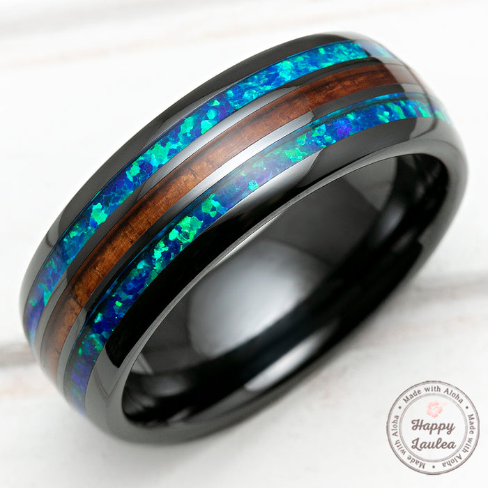 HI-TECH Black Ceramic Ring with Blue Opal & Hawaiian Koa Wood Tri-Inlay (Opal-Wood-Opal) - 8mm, Dome Shape, Comfort Fitment
