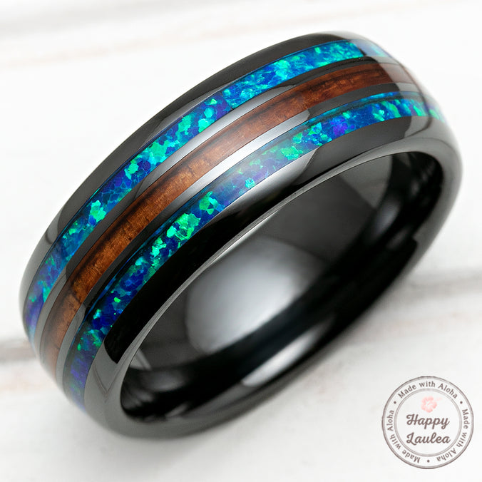 HI-TECH Black Ceramic Ring with Blue Opal & Hawaiian Koa Wood Tri-Inlay (Opal-Wood-Opal) - 8mm, Dome Shape, Comfort Fitment