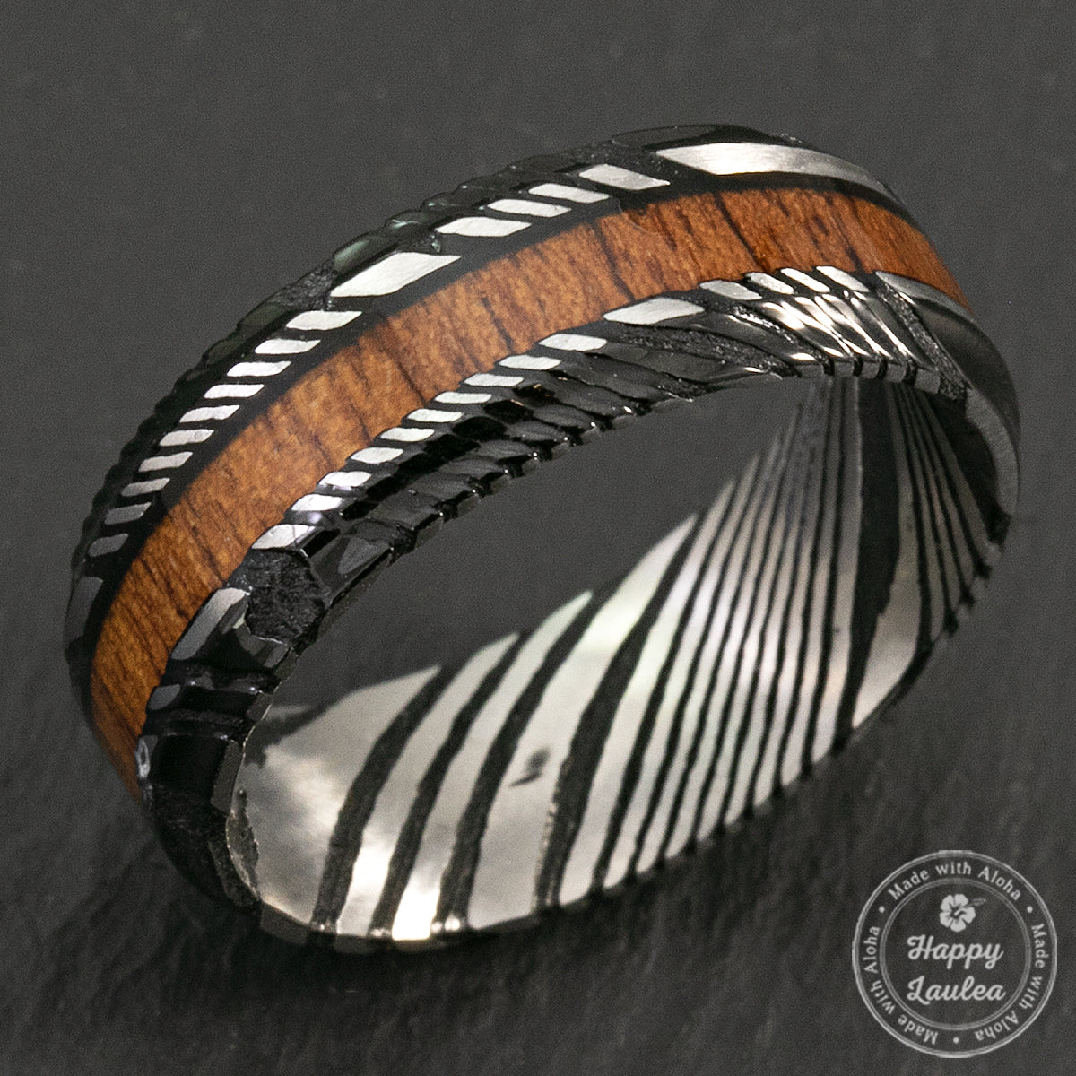 Damascus Steel Black Ion Plated Ring with Hawaiian Koa Wood - Flat Shape, Comfort Fitment