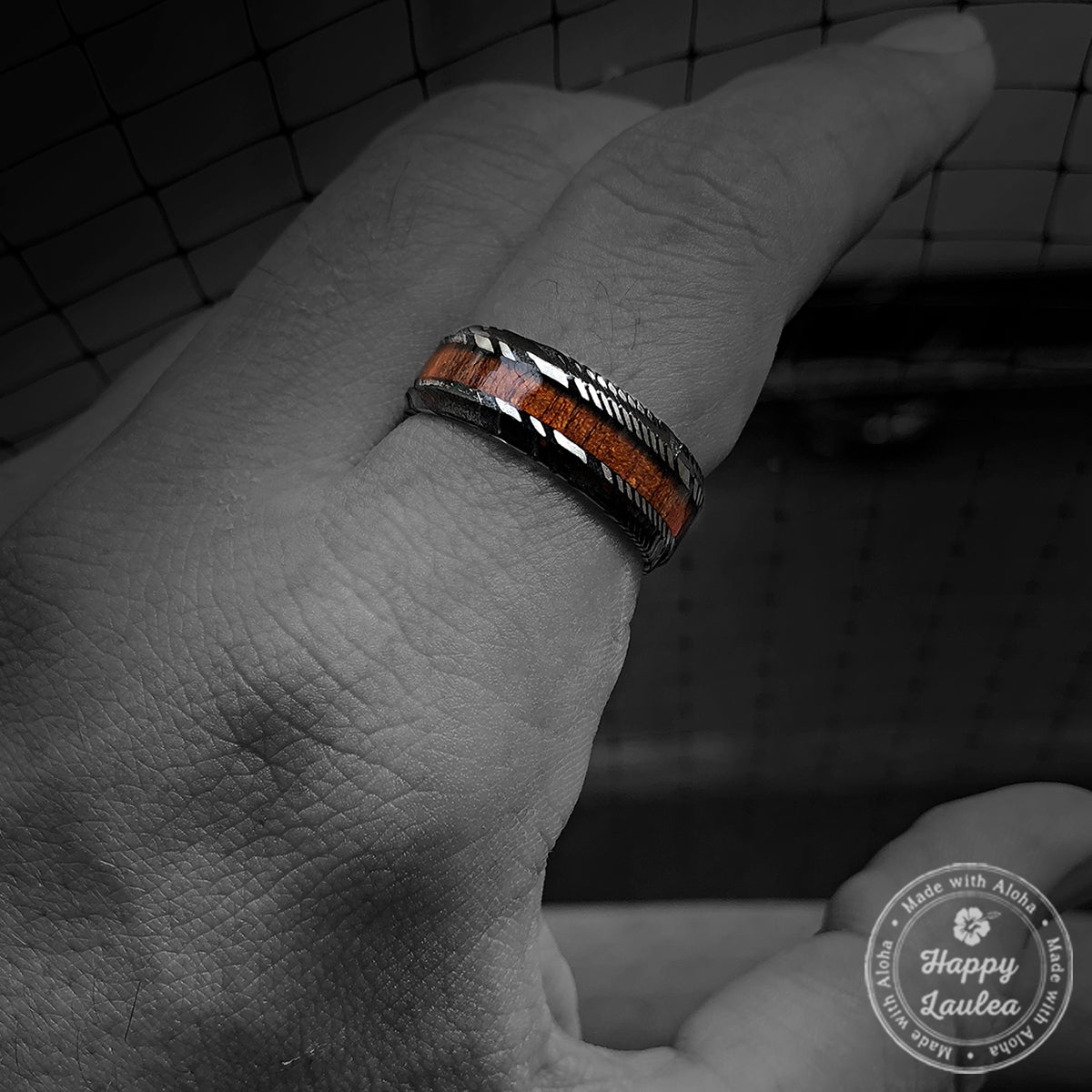 Damascus Steel Black Ion Plated Ring with Hawaiian Koa Wood - Flat Shape, Comfort Fitment