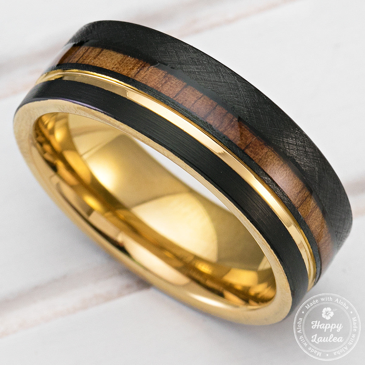 Tungsten Carbide Black & Gold Ion Plated Ring [8mm width] Hawaiian Koa Wood Inlay - Flat Shape, Comfort Fitment