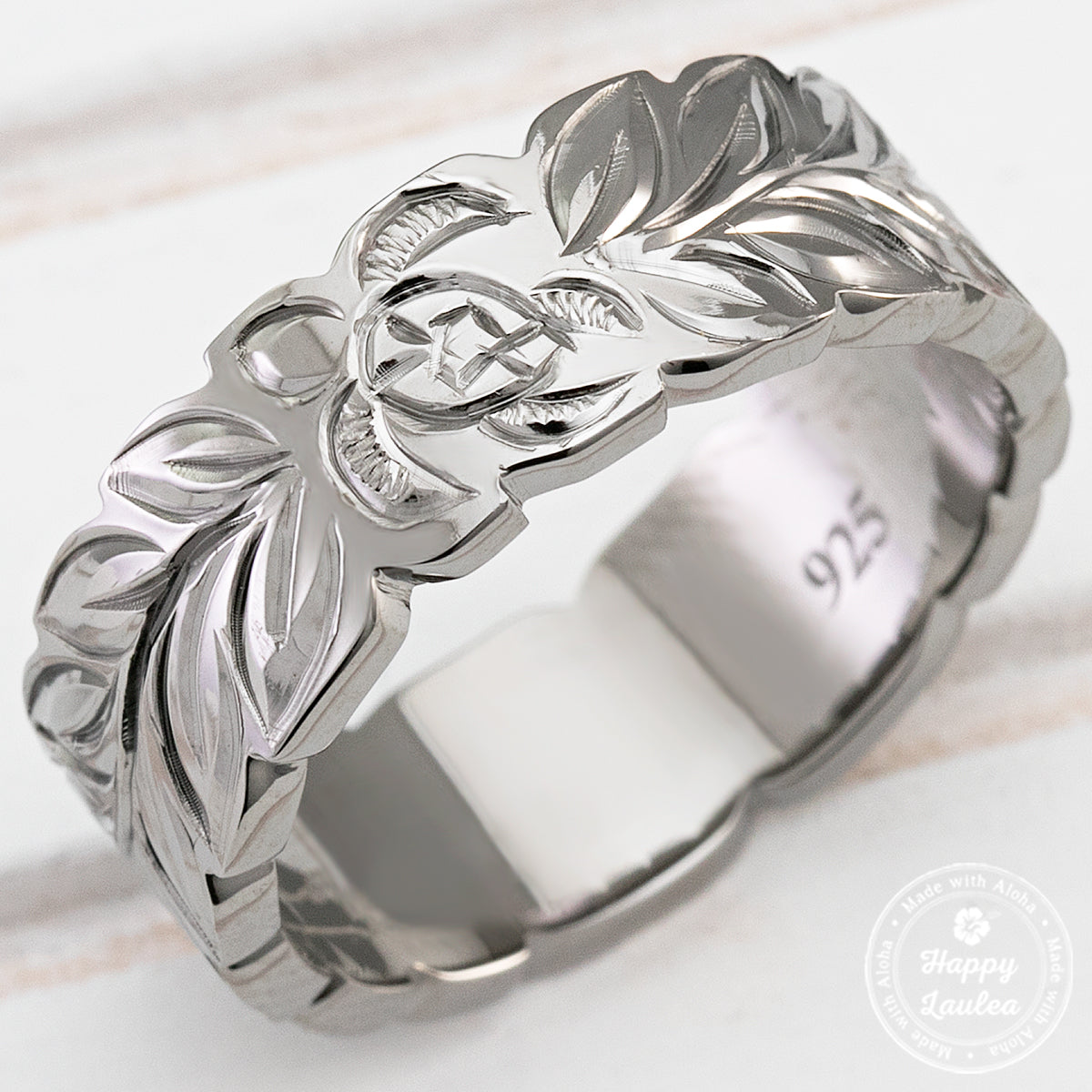 Black Rhodium 925 Sterling Silver Hand Engraved Ring with Maile Leaf & Hawaiian Sea Turtle Design - 8mm, Flat Shape, Comfort Fitment