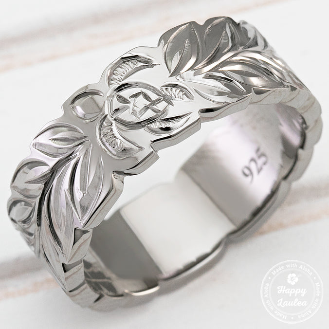 Black Rhodium 925 Sterling Silver Hand Engraved Ring with Maile Leaf & Hawaiian Sea Turtle Design - 8mm, Flat Shape, Comfort Fitment