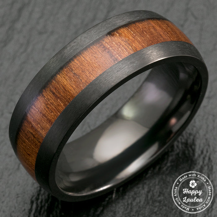 Black Zirconium Matte Finished Ring with Hawaiian Koa Wood Inlay - 8mm, Dome Shape, Comfort Fitment