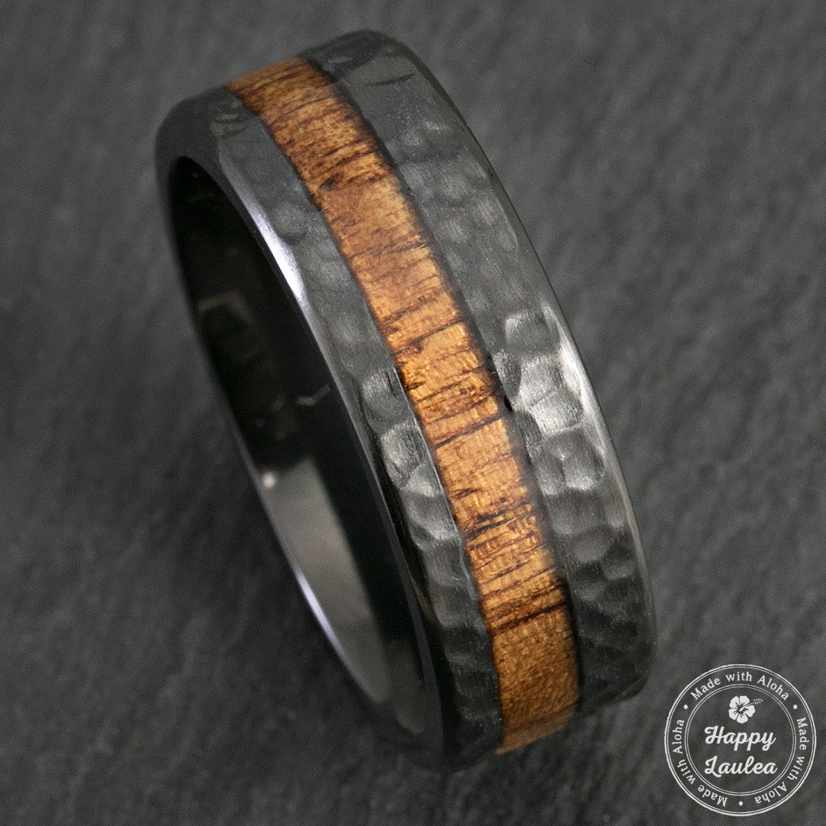 Black Zirconium Hammered Ring with Offset Koa Wood Inlay - 8mm, Flat Shape, Comfort Fitment