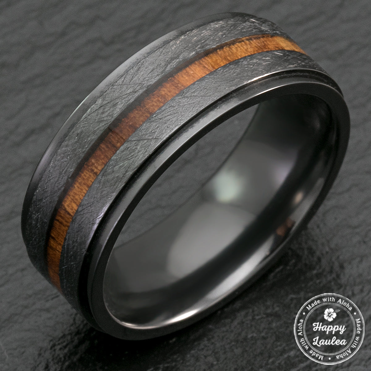 Black Zirconium Step Edge Ring with Hawaiian Koa Wood Inlay - 8mm, Flat Shape, Comfort Fitment