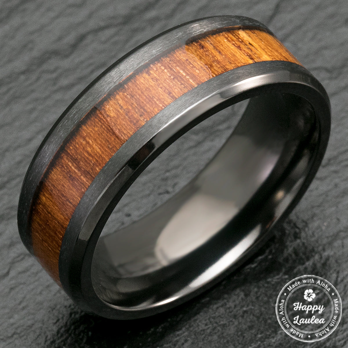 Black Zirconium Beveled Edge Ring with Hawaiian Koa Wood Inlay - 8mm, Flat Shaped, Comfort Fitment