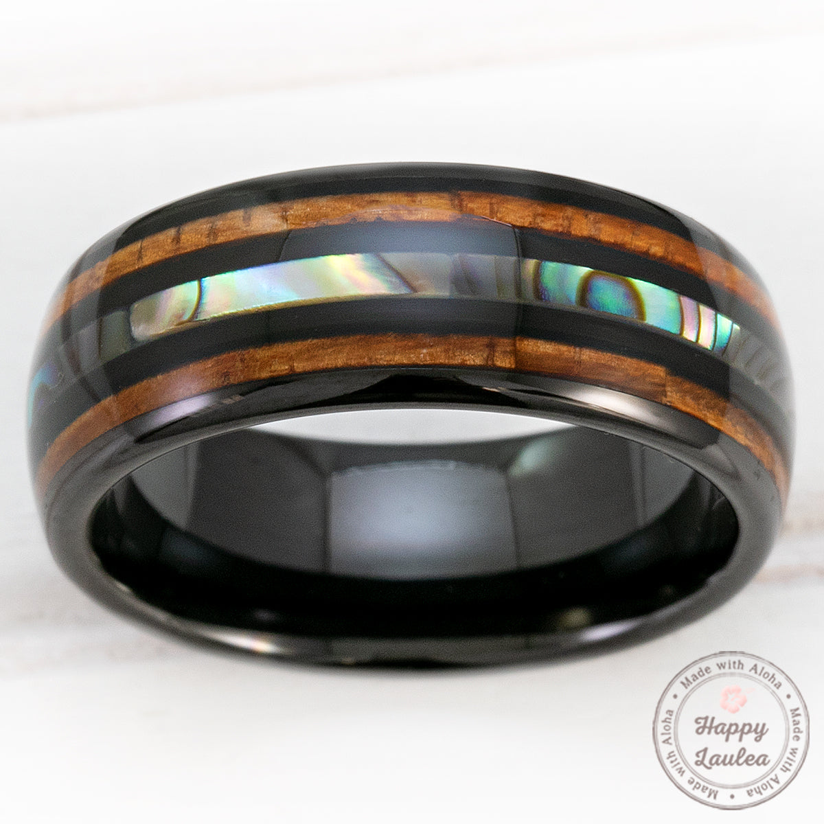 Black Tungsten Ring with Abalone Shell & Hawaiian Koa Wood Tri-Inlay - 8mm, Dome Shape