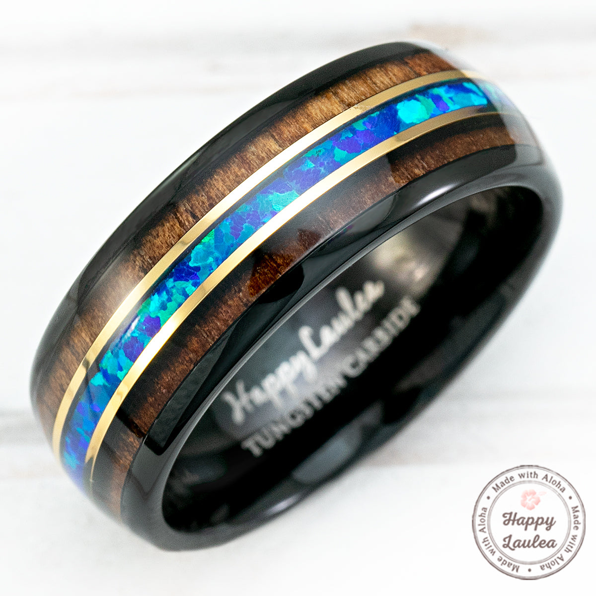 Black Tungsten with Gold Strip Ring with Blue Opal & Hawaiian Koa Wood Tri-Inlay - 8mm, Dome Shape, Comfort Fitment