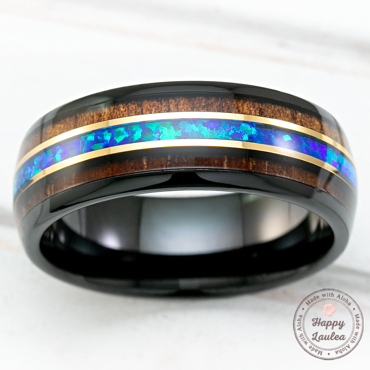 Black Tungsten with Gold Strip Ring with Blue Opal & Hawaiian Koa Wood Tri-Inlay - 8mm, Dome Shape, Comfort Fitment