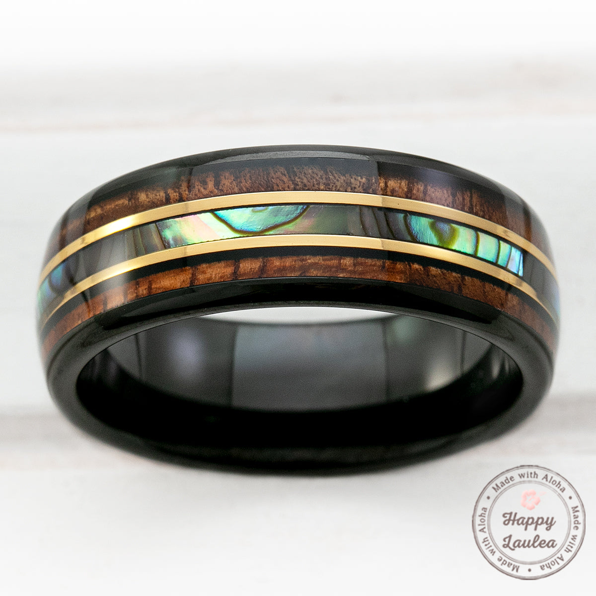 Black Tungsten with Gold Strip Ring with Abalone Shell & Hawaiian Koa Wood Tri-Inlay - 8mm, Dome Shape, Comfort Fitment