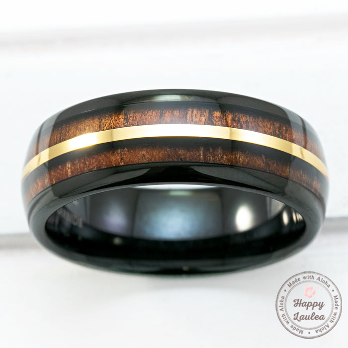 Black Tungsten Carbide Mid-Gold Strip Ring with Hawaiian Koa Wood Inlay -8mm Width, Dome Shape