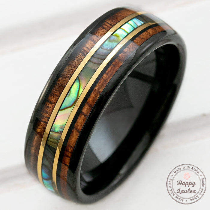 Black Tungsten with Gold Strip Ring with Abalone Shell & Hawaiian Koa Wood Tri-Inlay - 8mm, Dome Shape, Comfort Fitment