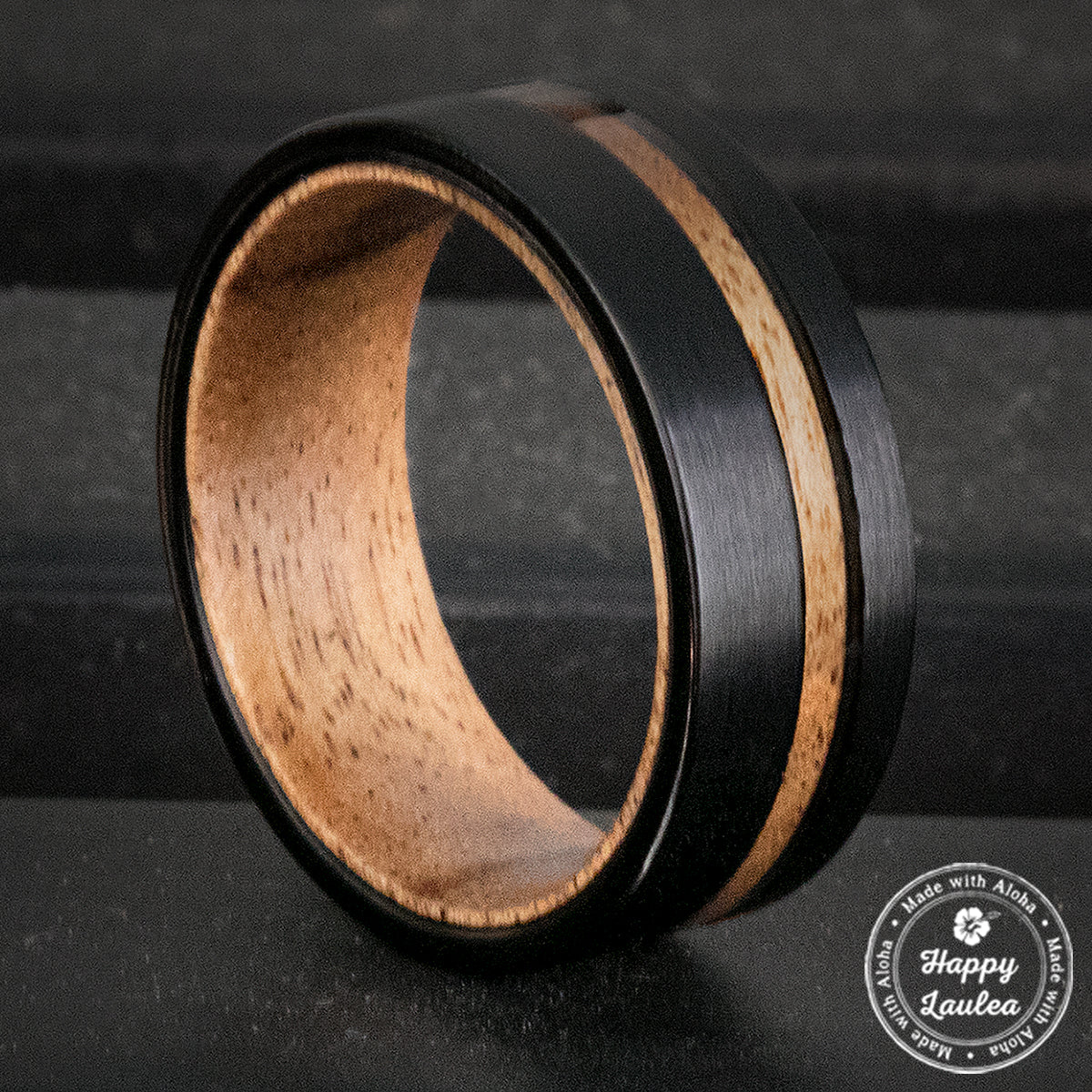 Black Tungsten Brushed Finished Ring with Offset Inlay & Inside Koa Wood Sleeve - 8mm, Flat Shaped, Comfort Fitment