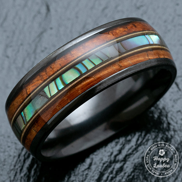 Black Zirconium Ring with Guitar String, Abalone Shell, & Koa Wood Tri-Inlay - 8mm, Dome Shape, Comfort Fitment