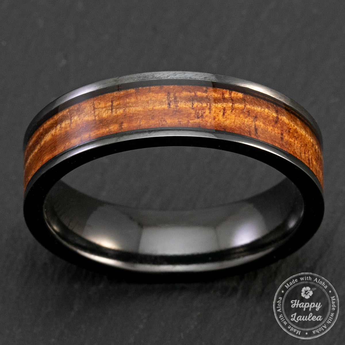 Black Zirconium 6mm Ring with Hawaiian Koa Wood Inlay - Flat Shape, Comfort Fitment