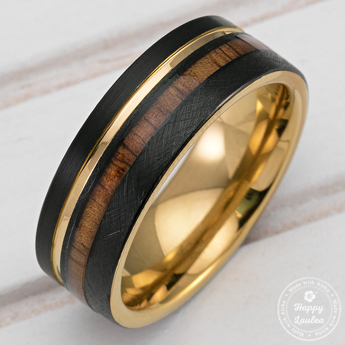 Tungsten Carbide Black & Gold Ion Plated Ring [8mm width] Hawaiian Koa Wood Inlay - Flat Shape, Comfort Fitment