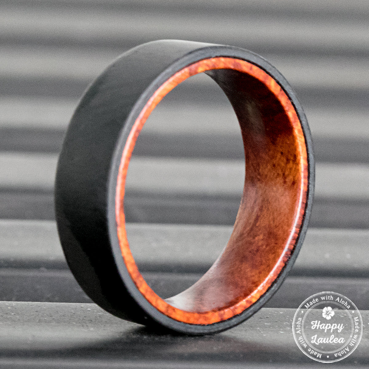 Carbon Fiber Ring with Hawaiian Koa Wood Sleeve - 7mm, Comfort Fitment Flat Shape