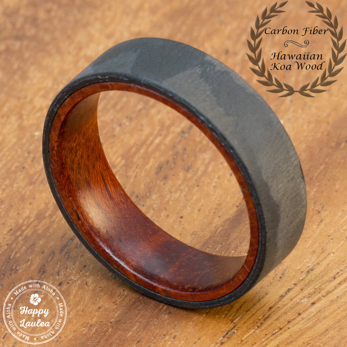 Carbon Fiber Ring with Hawaiian Koa Wood Sleeve - 7mm, Comfort Fitment Flat Shape