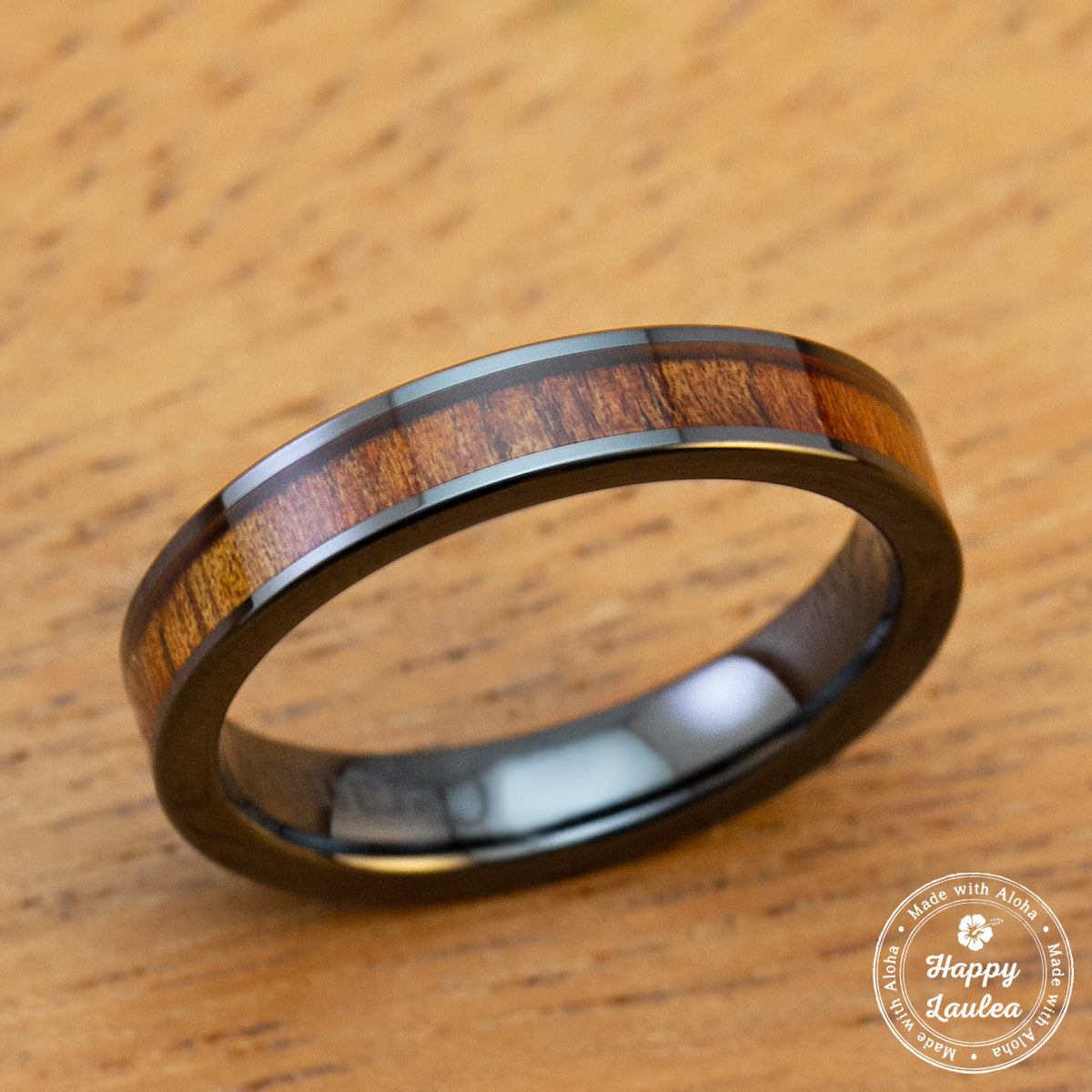 HI-TECH Black Ceramic Ring with Koa Wood Inlay - 4mm, Flat Shape, Comfort Fitment
