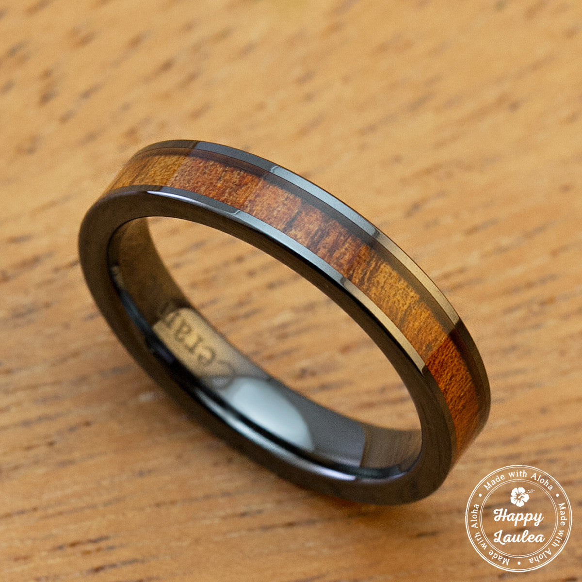 HI-TECH Black Ceramic Ring with Koa Wood Inlay - 4mm, Flat Shape, Comfort Fitment